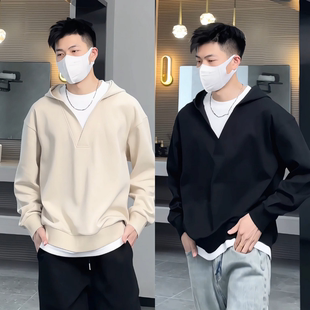 2025春季新品假两件套头连帽卫衣纯色男款小众设计感简约百搭ins