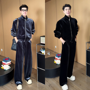 直播间同款冬季复古高级感丝绒夹棉立领夹克外套男士套装轻奢简约