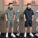 夏季休闲工装套装男半拉链连帽半袖韩版轻薄透气运动速干休闲短裤