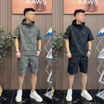 夏季休闲工装套装男半拉链连帽半袖韩版轻薄透气运动速干休闲短裤