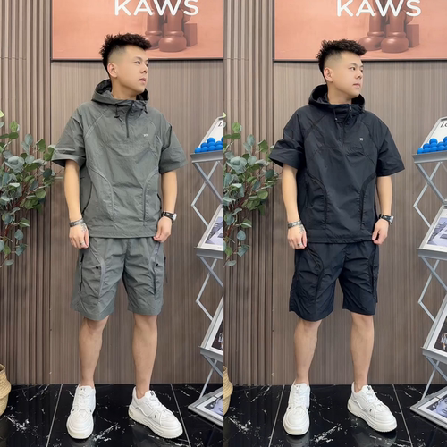 夏季休闲工装套装男半拉链连帽半袖韩版轻薄透气运动速干休闲短裤