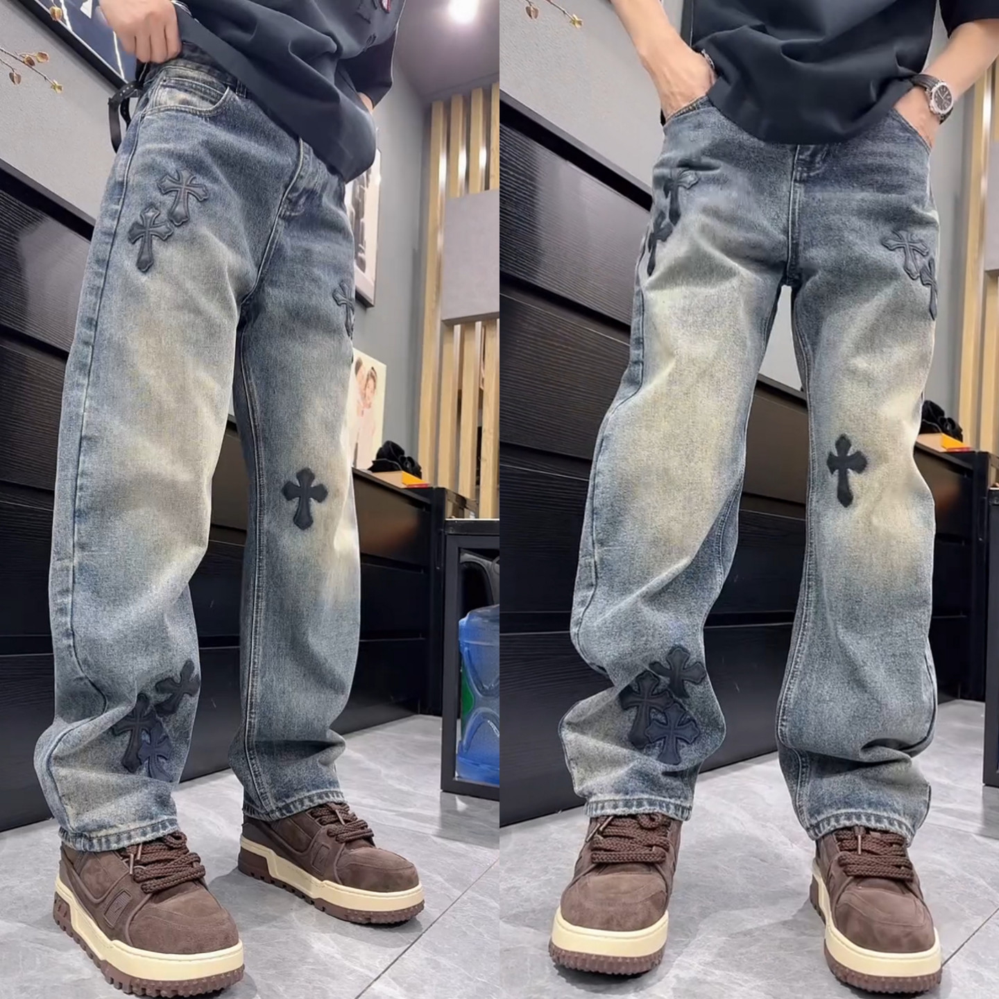 【高品质】潮牌时尚牛仔裤男宽松直筒长裤弯刀设计洗水做旧休闲裤