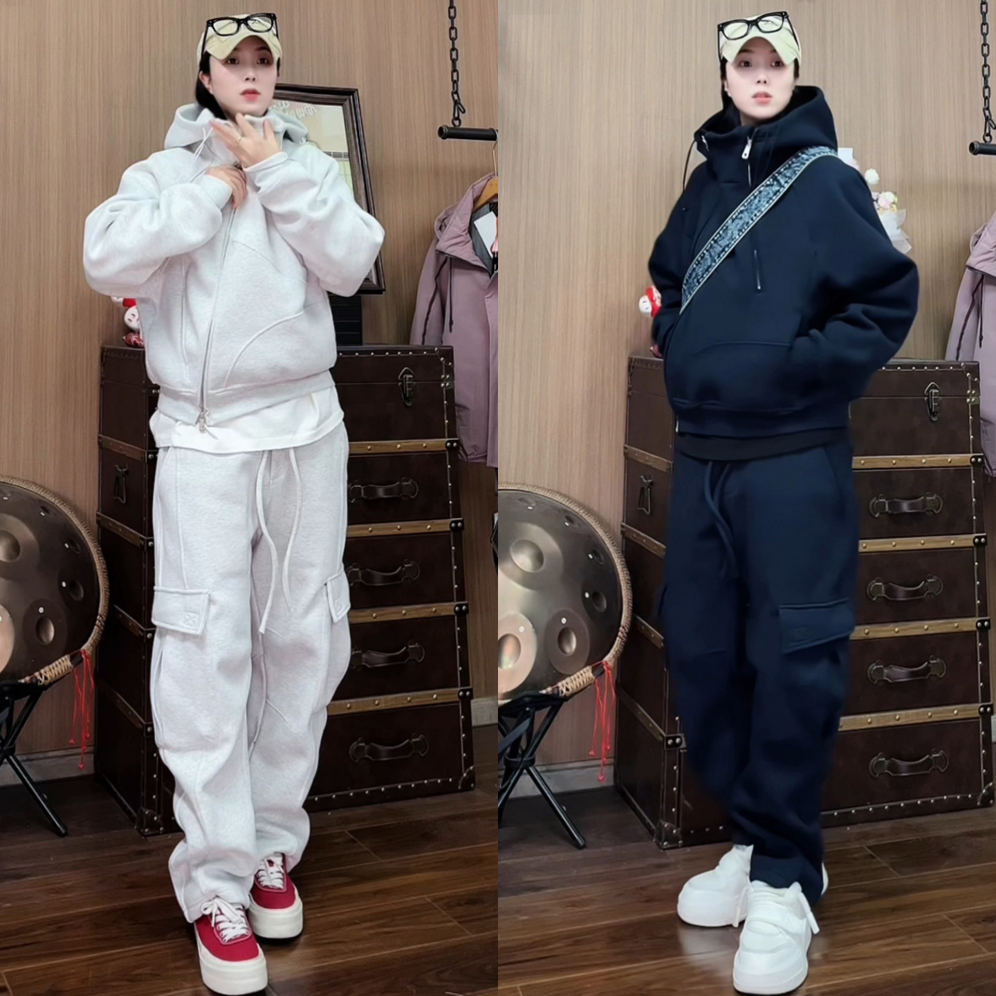 冬季重磅加绒运动套装男斜拉链结构开衫连帽卫衣工装休闲卫裤情侣