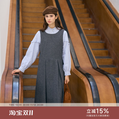 法式复古纯色背带连衣裙