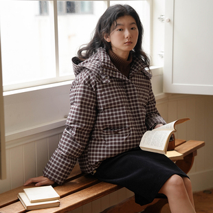 Bruland 新款法式复古中长款保暖羽绒服小个子宽松减龄格子外套女