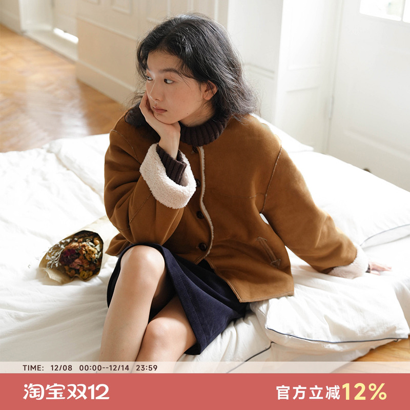 法式复古中长款麂鹿皮大衣