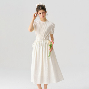 白色立领短袖 连衣裙女春夏褶皱抽绳收腰中长裙 小苍兰法式 Bruland