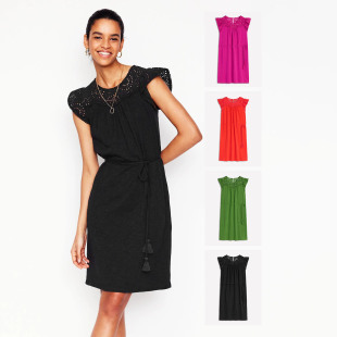 镂空钩花全棉竹节圆领飞袖 纯色连衣裙多色