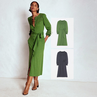 中长款 柔软莫代尔棉竹节纹镂空钩花装 饰春季 长袖 纯色连衣裙有大码