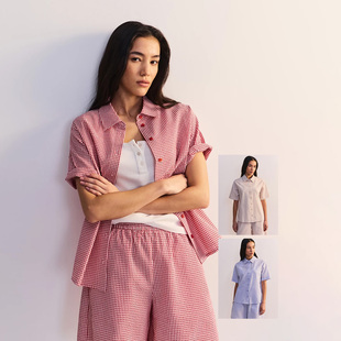棉混纺梭织布泡泡纱 宽松直筒女式短袖细格纹衬衫有大码