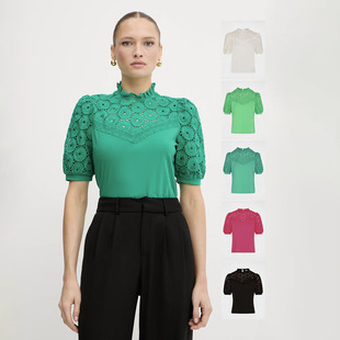 舒适全棉气质镂空钩花蕾丝装 T恤5色入 饰颈后纽扣半高领短袖
