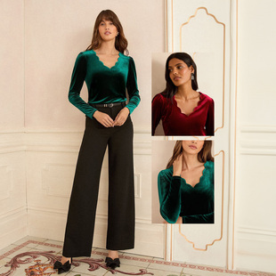 华丽丝绒波浪V领修身 纯色T恤 2色有大码 长袖