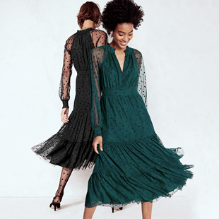 2色有大码 中长A字双层裙摆高腰连衣裙 英伦风波点网纱V领长袖