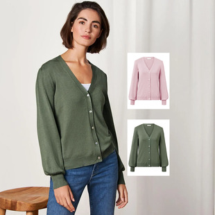 早秋超柔粘纤针织 V领简约纯色合身针织开衫 2色有大码 泡泡袖