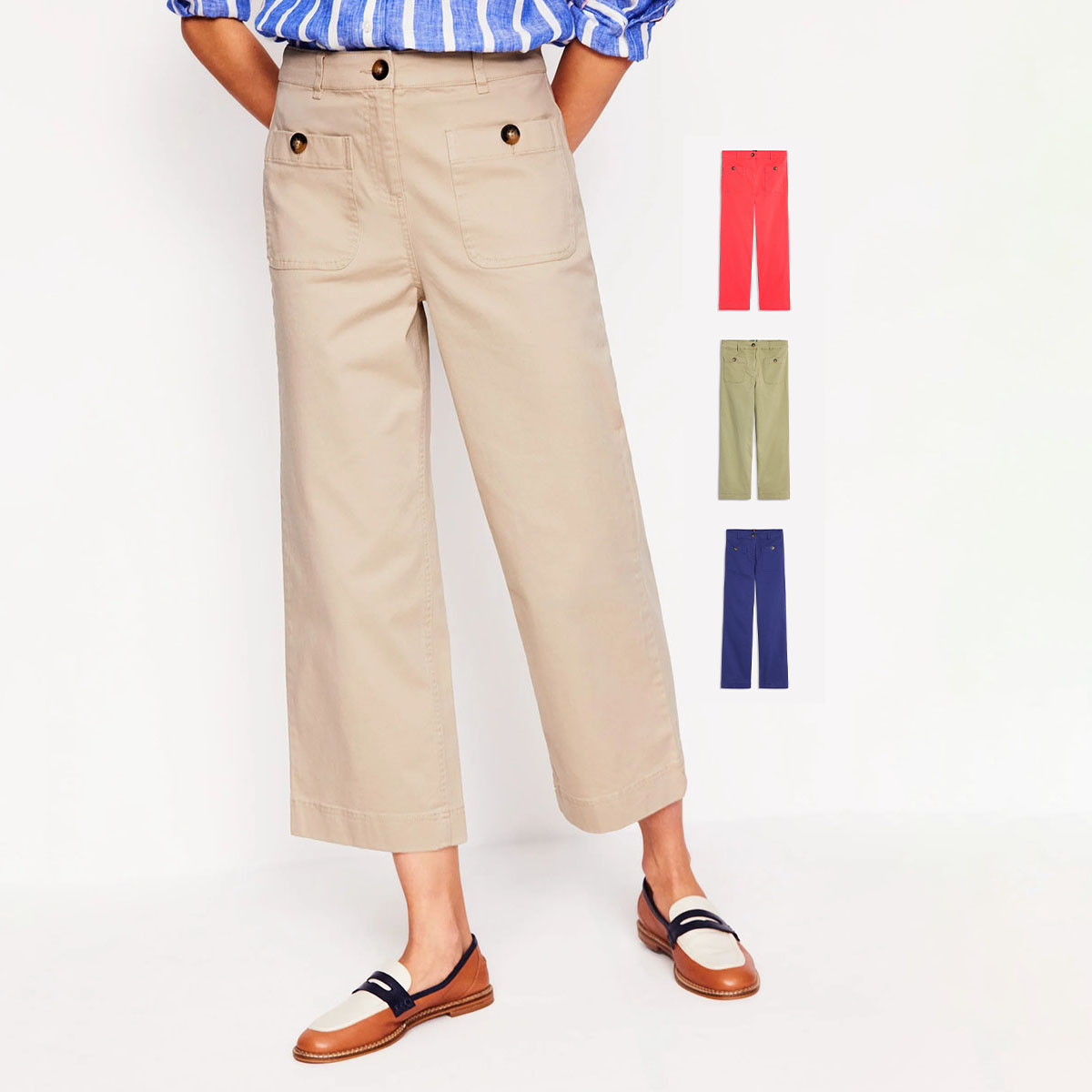 春季全棉斜纹布贴布口袋装饰宽松直筒7分纯色休闲裤4色有大码