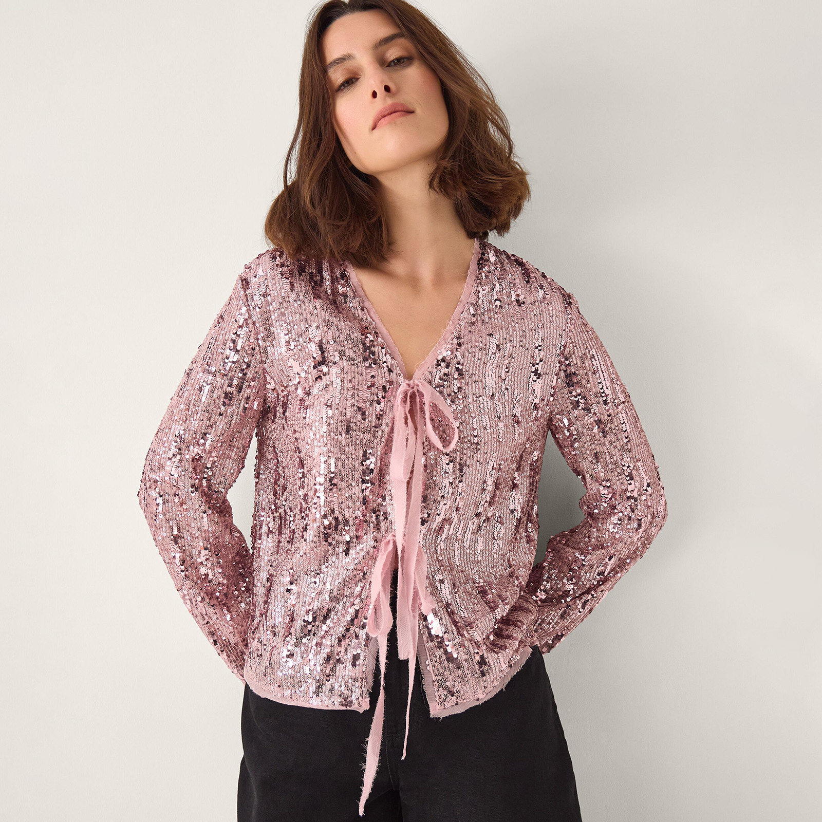 网纱全亮片长袖V领系带门禁衬衫上衣雪纺 有大码