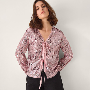 网纱全亮片长袖 上衣雪纺 有大码 V领系带门禁衬衫