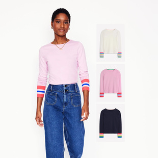 经典全棉撞色条纹袖合身裁剪圆领长袖T恤 3色有大码