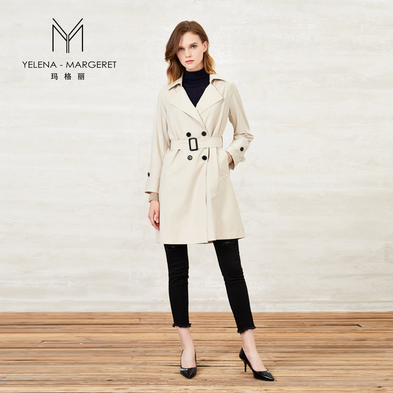 玛格丽女装2019新款修身显瘦双排扣简约知性商务休闲风衣