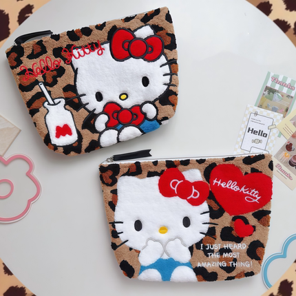 卡通可爱HelloKitty豹纹毛绒刺绣化妆包小物件收纳包文具笔袋便携