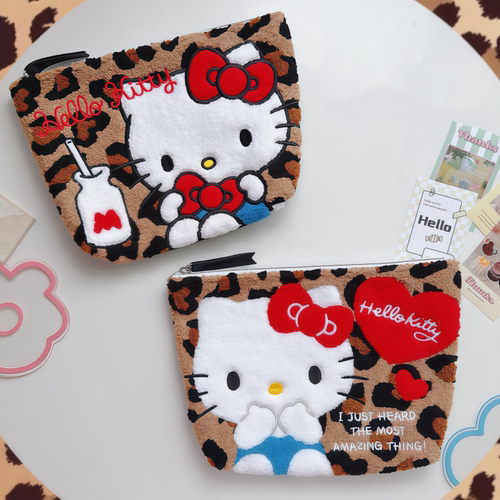 卡通可爱HelloKitty豹纹毛绒刺绣化妆包小物件收纳包文具笔袋便携