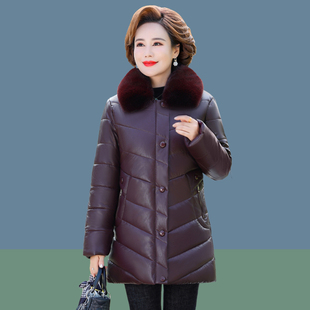 妈妈装冬季PU皮衣外套毛领中老年女装加厚保暖棉袄中长款棉衣棉服