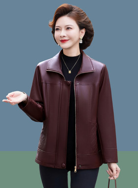 妈妈装春秋宽松遮肚显瘦皮衣夹克