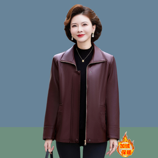 妈妈冬装PU皮衣外套新款中老年女装加绒加厚保暖皮夹克棉衣上衣服