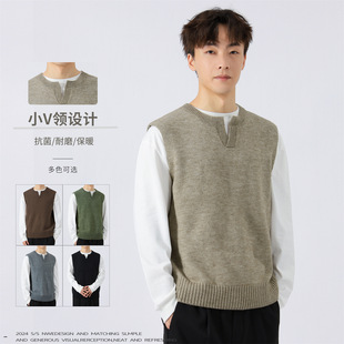 高端日系复古V领毛衣背心男秋冬季 针织线衣马甲 保暖纯色宽松无袖