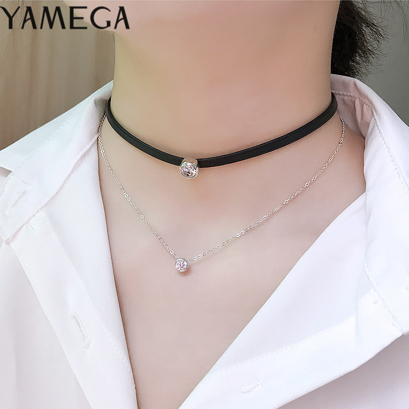 黑色皮繩雙層925銀頸鏈項圈 日韓鎖骨鏈女 choker頸帶配飾品挂件在類目 飾品/流行首飾/時尚飾品新, 項鍊中 - 來自Buy2taobao.com提供專業的淘寶代購服務