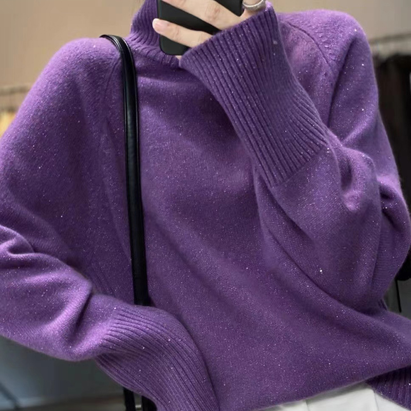 【潘星星穿搭店】秋冬新款高领针织衫女亮丝宽松毛衣加厚打底衫