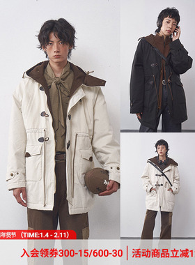 物理少年「雪日漫游」冬季保暖复古牛角扣中长款宽松连帽棉服情侣