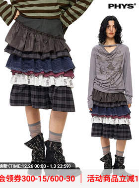 物理少年「百褶循环」弧形拼接波点印花撞色百褶中长直筒蛋糕裙