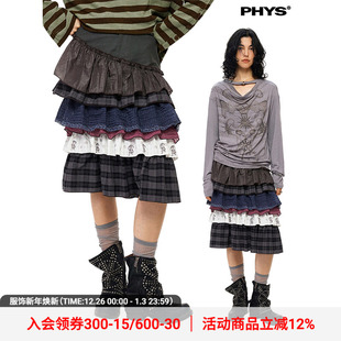 物理少年「百褶循环」弧形拼接波点印花撞色百褶中长直筒蛋糕裙