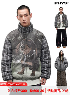 物理少年「小狗乐园」复古杰克数码印花两面穿宽松防风保暖棉服