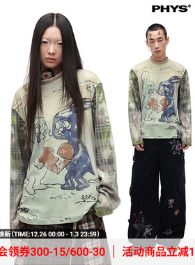 物理少年「哭泣兔」德绒螺纹伤心兔子梦核感数码印花合身长袖T恤