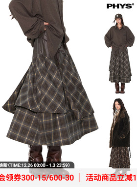 物理少年「解构格纹」拼接格纹不对称抽绳百搭俏皮半身长裙