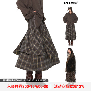 物理少年「解构格纹」拼接格纹不对称抽绳百搭俏皮半身长裙