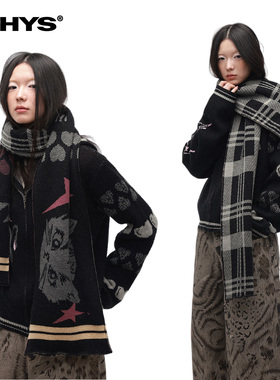 物理少年「暖绒星格」抗起球法帝诺绒猫咪双面芝麻点提花撞色围巾