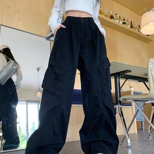 解构拼接褶皱弯刀工装裤男女冬加绒加厚美式休闲cargo直筒阔腿裤