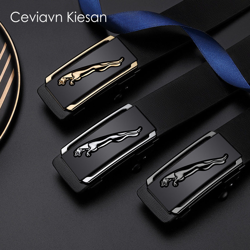 捷豹新款皮带男士无牙无孔头层牛皮自动扣内穿式真皮腰带潮内扣