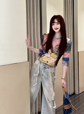2026新款韩版时尚小马印花圆领长袖T恤女修身打底衫网纱上衣防晒