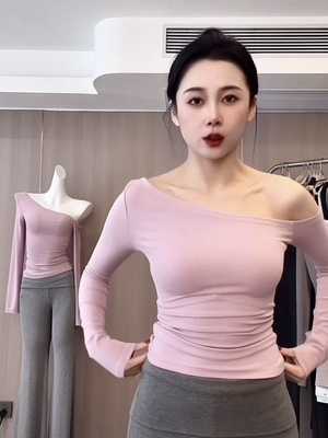 纯欲斜肩露肩长袖短款显瘦T恤