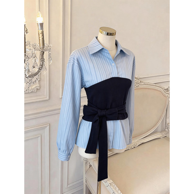 春季新款条纹拼接绑带收腰设计感假两件衬衣女百搭