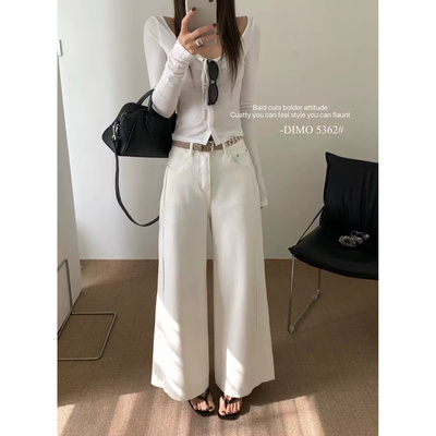 高腰阔腿牛仔裤女春季新款韩版宽松显瘦九分大直筒裤设计感百搭