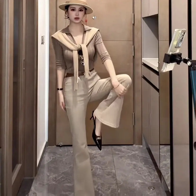 老钱风卡其微喇修身显瘦牛仔裤