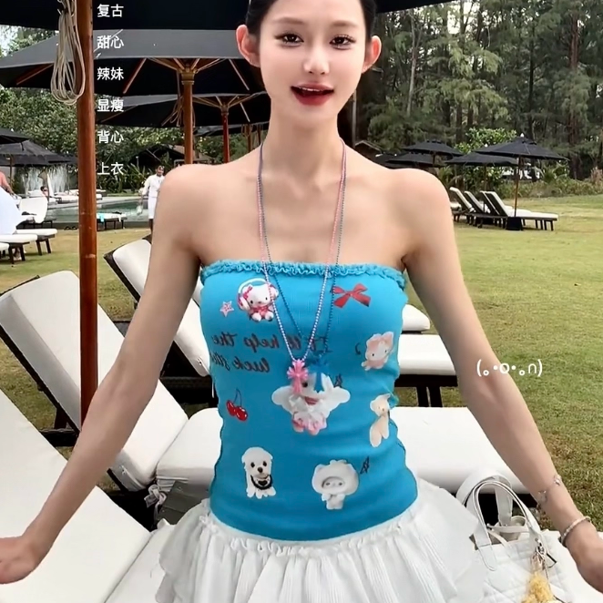 网红带胸垫卡通印花蕾丝抹胸