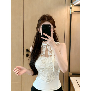 纯欲辣妹蕾丝挂脖吊带背心女内搭美背文胸一体带胸垫