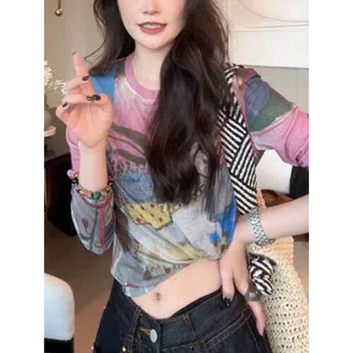 小马印花网纱长袖t恤女装薄款防晒罩衫2026春夏新款修身打底上衣