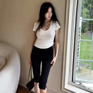 夏季丰胯卡普里裤弹力中裤女侧开叉七分裤牛仔休闲裤短袖T恤套装